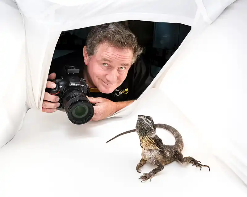 Joel Sartore and frill necked lizard_cr Douglas Gimesy National Geographic Photo Ark